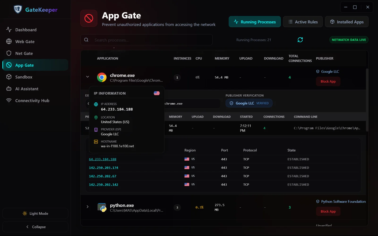 App Gate expanded connection detail