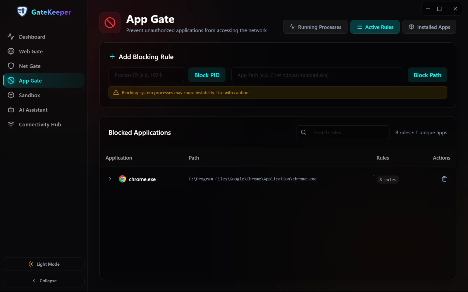 App Gate active rules